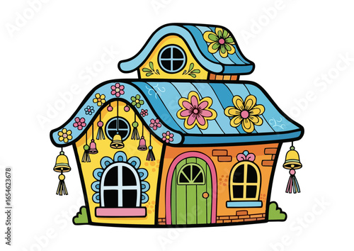 Colorful illustrated house decorated with floral patterns and ornaments 