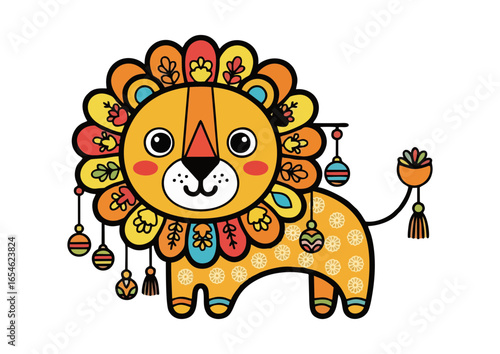 Colorful illustrated lion decorated with floral patterns and ornaments 