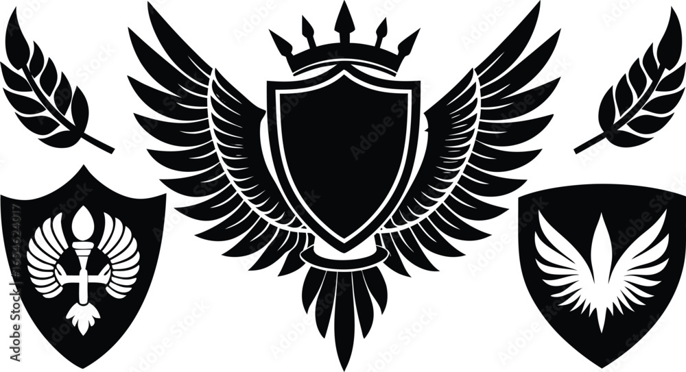 Obraz premium Majestic Heraldic Crest Winged Shield with Crown and Laurel Wreaths - Vector Illustration