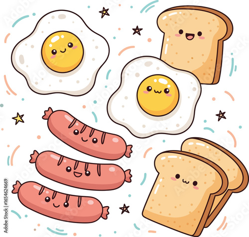 Cute breakfast food characters smiling cheerfully on white surface with colorful confetti, creating a playful and inviting atmosphere.
