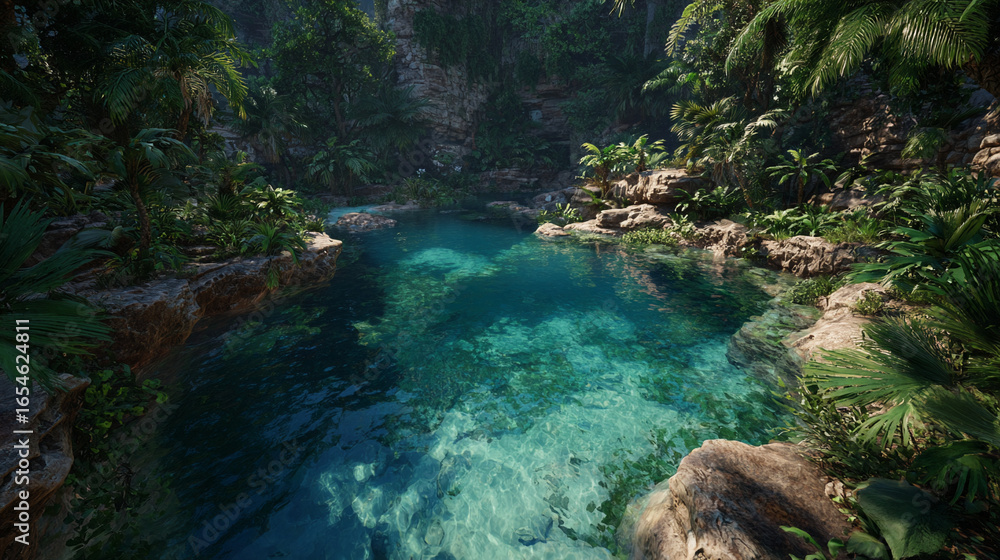 Naklejka premium Lush Tropical Cenote: Crystal Clear Water & Exotic Plants