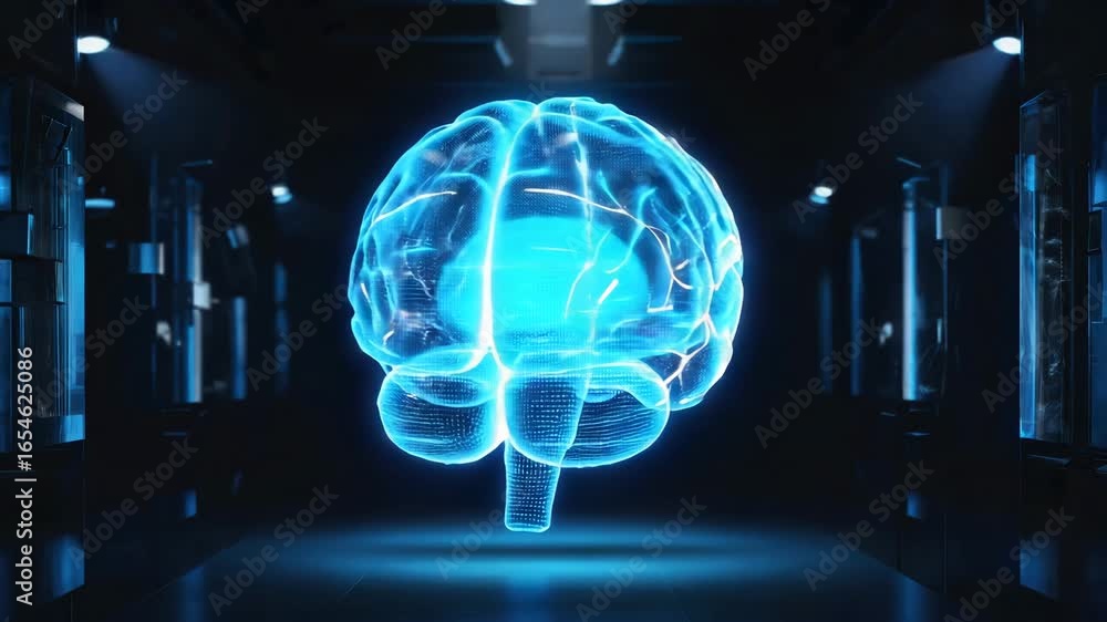 Dynamic digital brain visualization pulsing with neural network energy, representing AI, cognition, and futuristic technology in a sleek, modern environment.