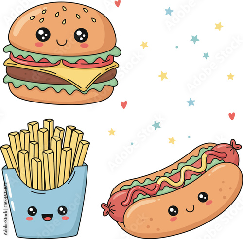 Cute cartoon burger, fries, and hotdog smiling with kawaii faces on white, creating a playful and cheerful food scene.