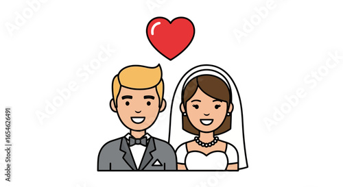 Illustration of a happy wedding couple with a heart above them symbolizing love and commitment to each other