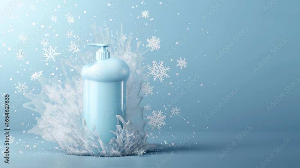 Obraz premium 3D Shampoo Bottle: Whipped Foam with Snowflakes, Fluffy Icy Texture, Winter Theme