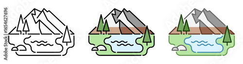 Denali icon illustration. Mountain and lake landscape. Line and fill icons. Outline, filled, and color versions. Vector drawing with editable stroke. Isolated on transparent background.