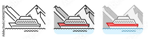 Cruise ship icon illustration. Line and fill icons. Outline, filled, and color versions. Vector drawing with editable stroke. Isolated on transparent background.