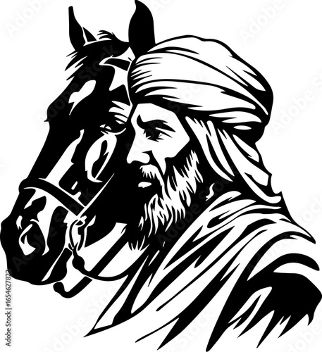Majestic Arabian horseman portrait in striking monochrome vector illustration