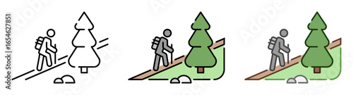 Hiking and mountain climbing icon illustration. Line and fill icons. Outline, filled, and color versions. Vector drawing with editable stroke. Isolated on transparent background.
