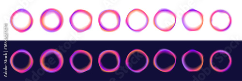Set of neon glowing rings with gradient overflow on white background PNG. Colorful bright neon template. Iridescent chrome drops or hologram irregular freeform organic shapes.	