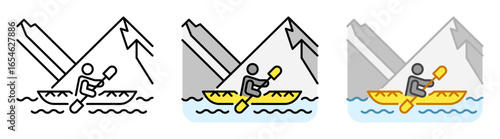 Kayaking icon illustration. Line and fill icons. Outline, filled, and color versions. Vector drawing with editable stroke. Isolated on transparent background.