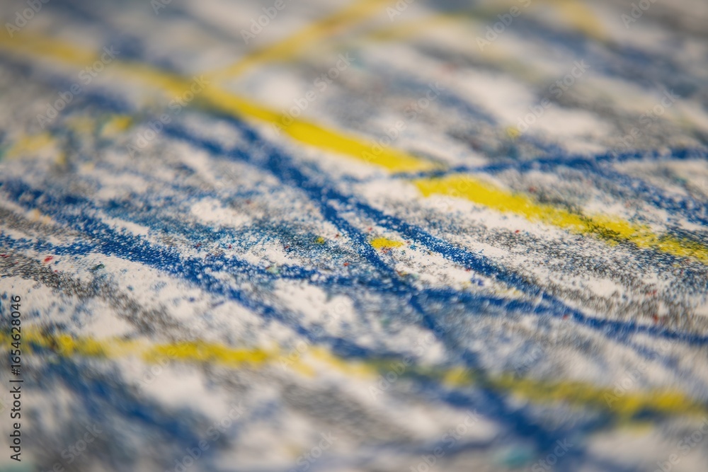 Obraz premium Abstract multicolored texture created with blue, gray, and yellow lines on a white surface during a creative art session