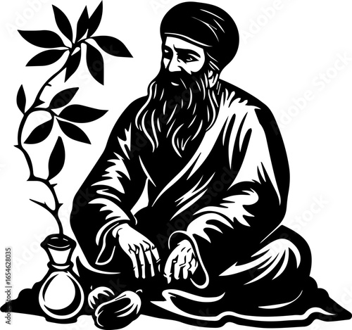 Wise Guru Meditating Peacefully Surrounded by Nature's Bounty
