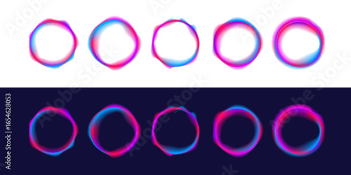 Set of neon glowing rings with gradient overflow on white background PNG. Colorful bright neon template. Iridescent chrome drops or hologram irregular freeform organic shapes.	