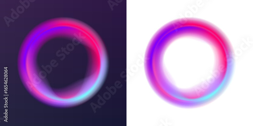 Bright colored gradient neon circles of round curve shape with wavy dynamic lines in PNG format on white background.	
