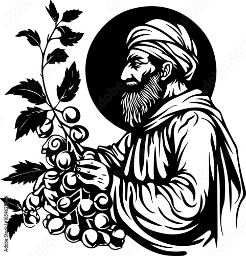 Saintly figure with grapes, evoking harvest, tradition, and spiritual abundance