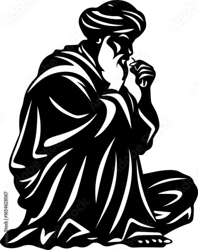 Wise elder in traditional robes contemplating thoughtfully, exuding calm wisdom