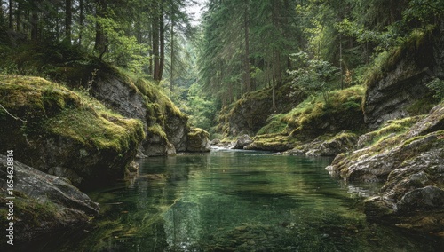 Tranquil mountain river nestled in a lush forest