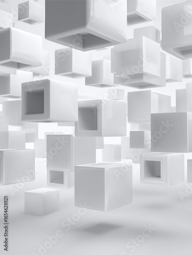 Geometric Abstraction: A collection of pristine white cubic shapes suspended in an ethereal arrangement, forming a captivating study of form, shadow, and spatial depth. 