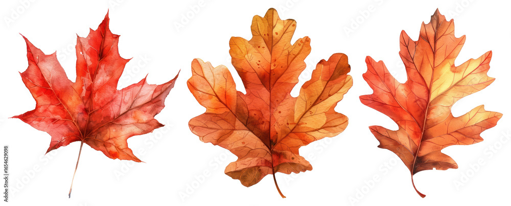 Fototapeta premium PNG Vibrant watercolor autumn leaves, element set on transparent background