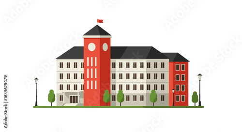 Modern flat design of university building with red brick tower and green landscape
