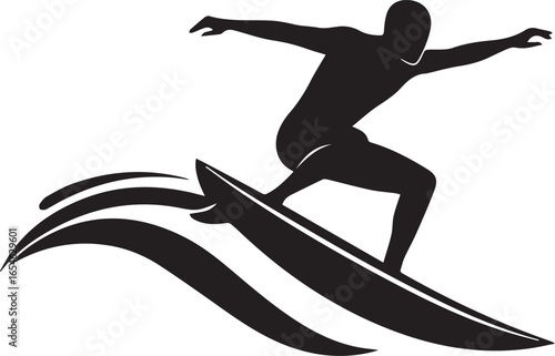 Dynamic Silhouette of a Surfer Catching a Wave with Water Spray Keywords: surfer, surfing, wave, ocean, sea, water, sport, extreme sport, silhouette, black and white, vector, illustration, action