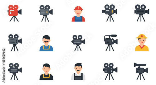 Filmmaking icons set featuring camcorders and film crew characters
