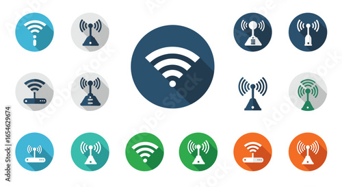 Modern flat design wireless network icons with long shadows