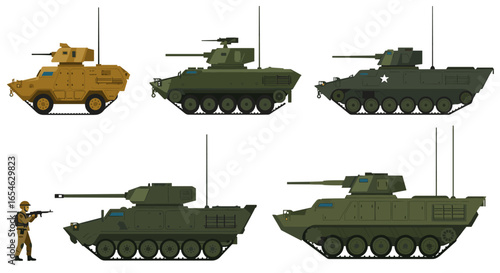 Military armored vehicles in flat style featuring diverse modern tank designs