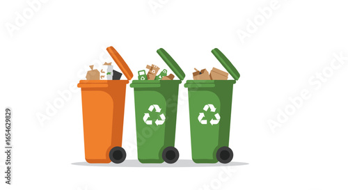Recycling and waste management concept with colorful bins and trash