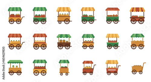 Assorted flat style fruit and vegetable carts in various designs and colors