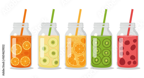 Colorful fruit juice jars with straws and slices