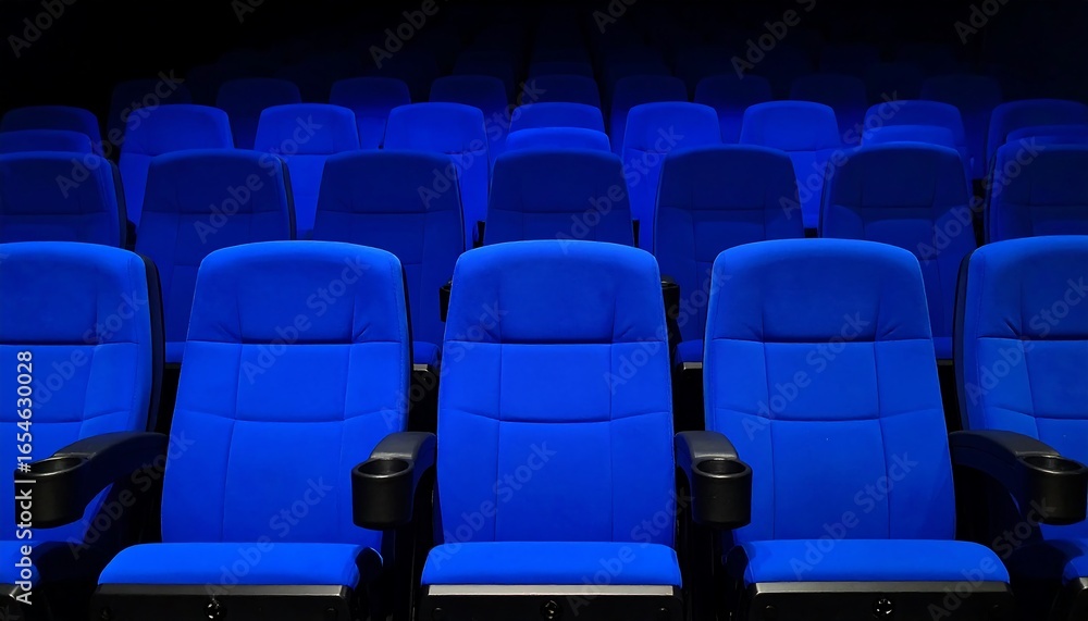 Naklejka premium Empty Blue Movie Theatre Seats Cinema with Film, Entertainment, and Night Out.
