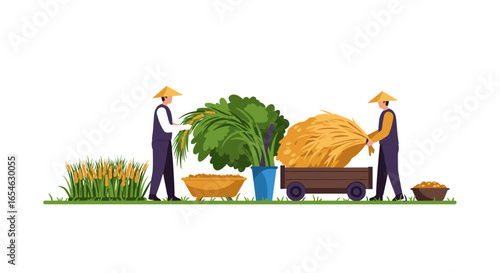 Farmers harvesting rice with traditional tools in minimal flat style