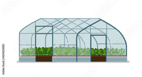 Modern greenhouse with lush vegetation in minimalist flat design