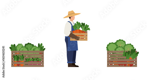 Farmer with vegetable crates: fresh harvest and urban farming design