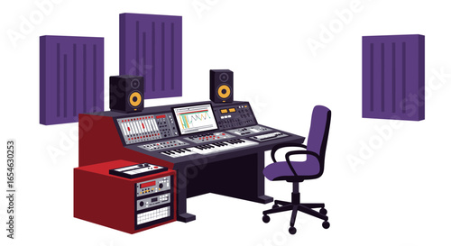 Modern music production studio with high-tech equipment and acoustic panels