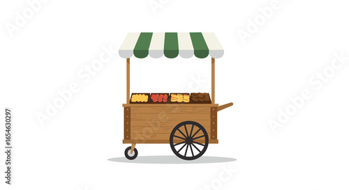 Rustic market cart with fruit and pastry under striped canopy