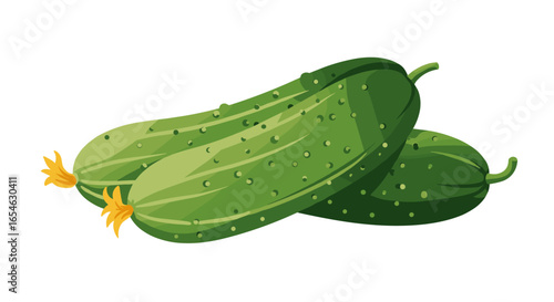 Fresh crisp cucumbers with detailed textured design on white background