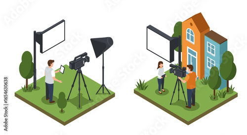 Isometric film crew scenes with outdoor and indoor setups