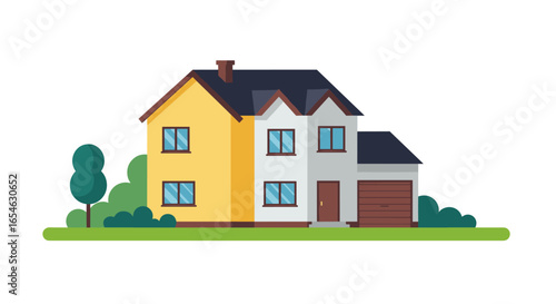 Charming suburban house with garage and garden in flat design