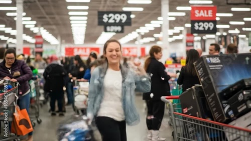 SALE $299. Excited young Caucasian woman running with a full shopping cart. Happy customer enjoying a massive discount event in a retail store.
