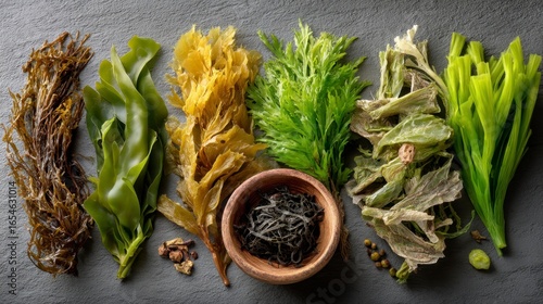 Various Seaweed Varieties Flat Lay Overhead on Dark Background