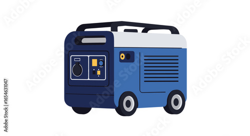 Portable blue generator with wheels and handle in flat design