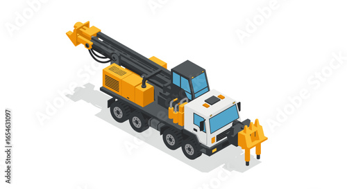 Isometric utility truck with crane and drill for construction and engineering projects