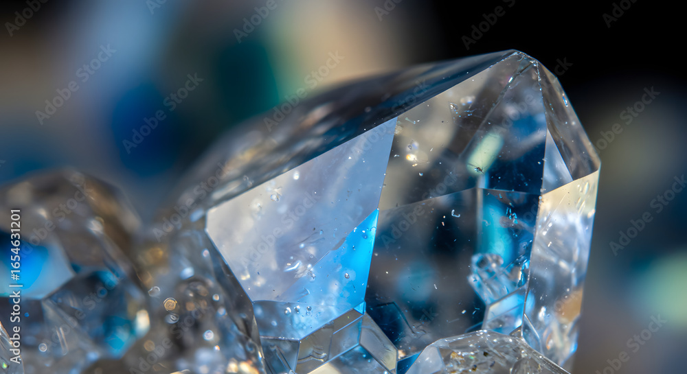 Close-up Macro of a Transparent Quartz Crystal with a Blurred Blue Background Close-up Macro of a Transparent Quartz Crystal with a Blurred Blue Background