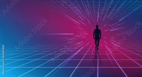 Silhouette of a Person Walking Towards a Colorful Abstract Background with Rays of Light and Grid Pattern in Futuristic Digital Concept
