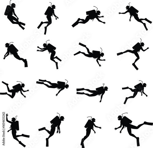 Scuba diver silhouettes underwater swimming action poses