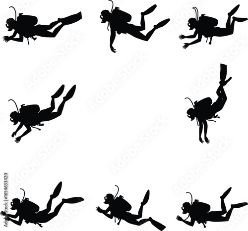 Scuba diver silhouettes various poses underwater activities