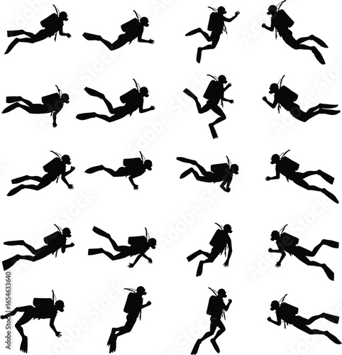 Scuba diver silhouettes underwater swimming action poses
